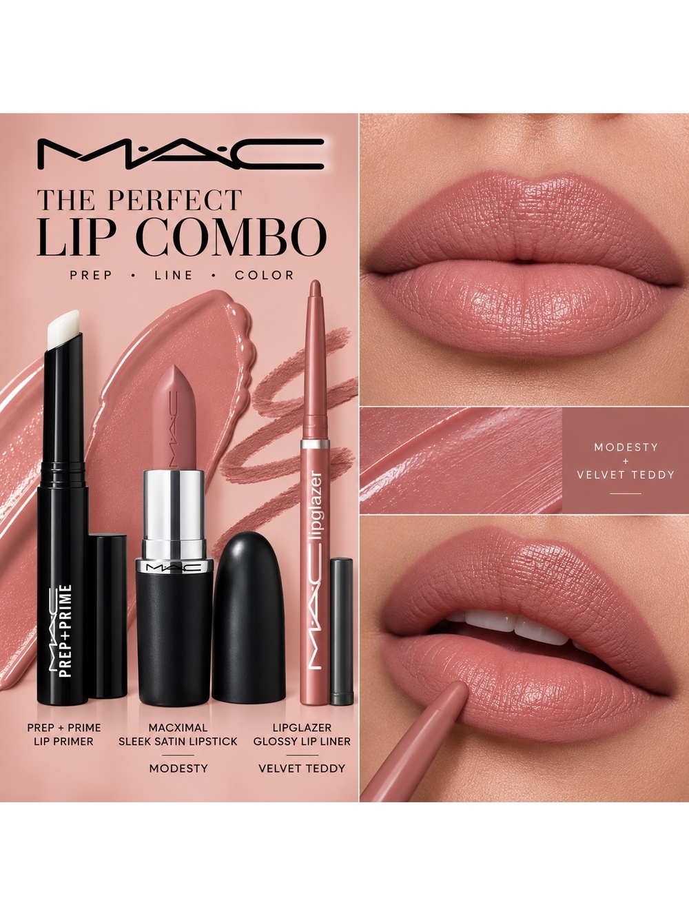 MAC 3 Pc Lip Combo - Prep & Prime, Modesty Lipstick & Velvet Teddy Glossy Liner